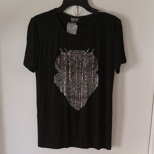 Shiny Silver Sequins Owl Design Black Shirt One Size M/L
